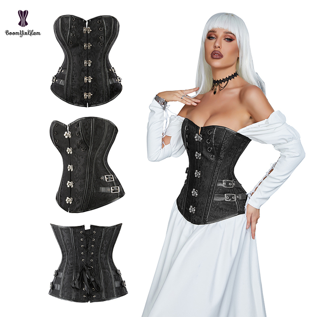 Brown Steampunk Women Gothic Leather Nonwoven Firm Control Corset Top Chest Binder Bustier with 4-Clasp Locks