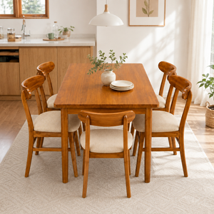 Ensemble de salle à manger moderne minimaliste en teck massif avec chaises à dossier solide pour la maison et la restauration - Product Image 1