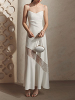 Robe longue de soirée élégante en satin de soie avec dentelle et patchwork, bretelles spaghetti, coupe ajustée, dos nu, fabrication OEM Chine