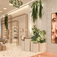 Vitrine de magasin de cosmétiques et de soins de la peau, design intérieur personnalisé, étagères, présentoirs, meubles de présentation de parfums, décoration de magasin.