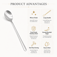 Cuillère à long manche en acier inoxydable finition miroir argenté pour café, dessert, soupe, service en restaurant