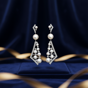 Orecchini a Lampadario Geometrici di Lusso in Oro Bianco Argento 925 con Cristalli e Strass Gioielli da Sposa per Donna - Product Image 2