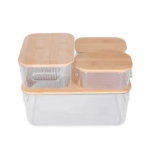 Kitchen Refrigerator Clear Plastic Storage Box Food Vegetables Container Fruit Egg Fresh Organizer Holder With Bamboo Lid
