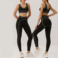 Ensemble de sport pour femme noir et blanc avec bordure, soutien-gorge de sport et leggings taille haute, extensible, idéal pour la danse, la gym et la course à pied