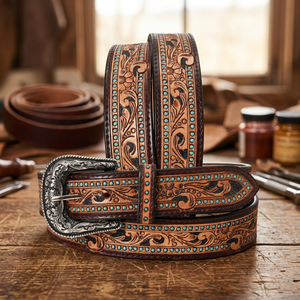 Ceinture en cuir brodée de fleurs occidentales avec boucle ardillon argentée, style décontracté durable, usage quotidien intensif - Product Image 3
