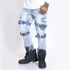 DiZNEW stile personalizzato all'ingrosso Jean Man con Jeans lavati blu larghi a buon mercato Jeans da uomo con bottoni Cargo tasca da uomo Jeans dritti