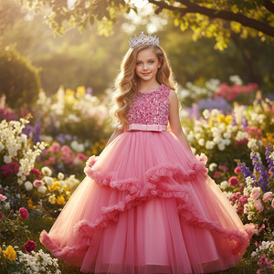 Christmas Princess Dress For Girls Sleeveless <b>Sequined</b> Tutu Layered Wine <b>Red</b> Party Gown - Product Image 4