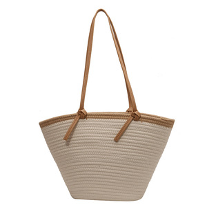 Woven Straw Crossbody Bag <b>Bucket</b> Type Khaki Off <b>White</b> Single Strap Portable Everyday Outfits Summer 2023 - Product Image 4
