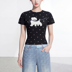 Women's Short Sleeve Loose Fit Knitted Chiffon Crop Top Dog Embroidery <b>Y2K</b> Eco-Friendly Vintage Breathable Spring Cute Style - Product Image 1