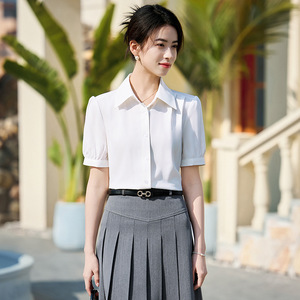 White Short Sleeve Shirt Women Solid Color Polyester Poplin Office Blouse Button Front Professional Wear - Product Image 1
