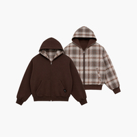 Sweat à capuche unisexe personnalisé en molleton de coton épais, à carreaux, brodé, doublé, lavé, réversible et zippé