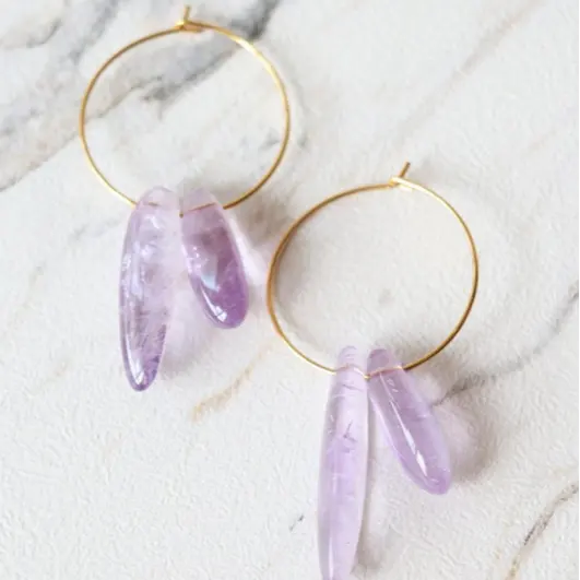 Anting-Anting Hoop Kuarsa Kristal Ametis dan Mentah, Anting-Anting Menjuntai Kristal