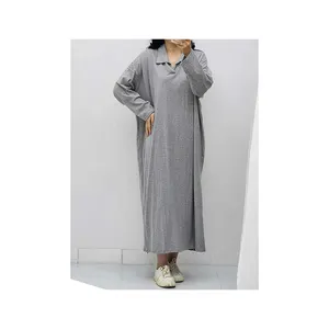 Full Length Loose Gray Collar Long Sleeve Overfit Loose Fit Cotton Long Big Size Spring Fall Homewear One Piece Dress