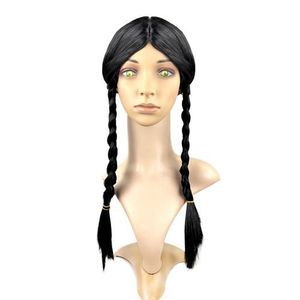 <span class=keywords><strong>Perruque</strong></span> de cosplay HLC à faible coût, personnalisée, pour Halloween, style <span class=keywords><strong>Addams</strong></span>, inspirée du film Wednesday, noire, avec frange droite et deux longues tresses - Product Image 4