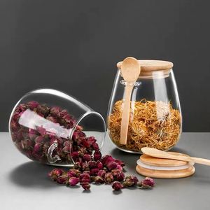 Vaso di <span class=keywords><strong>vetro</strong></span> da cucina all'ingrosso barattolo di <span class=keywords><strong>spezie</strong></span> in <span class=keywords><strong>vetro</strong></span> coperchio in legno di bambù contenitore per alimenti con cucchiaio - Product Image 2