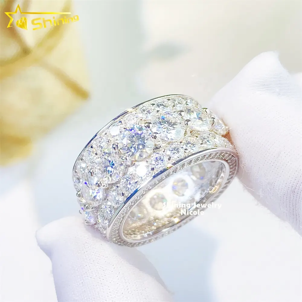Siap untuk dikirim Hip Hop perhiasan berlian Band 925 perak Moissanite cincin pertunangan untuk pria