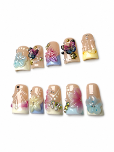 Ongles en gel artisanaux de luxe, style Y2K, rose <span class=keywords><strong>pastel</strong></span> estival, avec fleurs 3D, papillons transparents, strass AB <span class=keywords><strong>et</strong></span> perles, effet éclatant - Product Image 3
