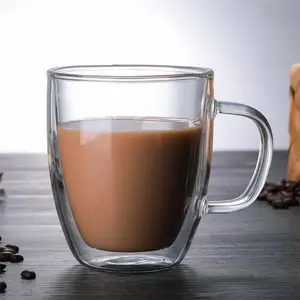 Großhandel individuelles Logo große 350 ml durchsichtiger isolierter doppelwandiger borosilikat-Glas-Kaffee-Teebecher Tassen mit Griff