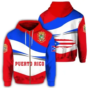 Bendera Puerto Rico Hoodie Ritsleting Olahraga Ritsleting Poliester Premium Hoodie Wanita Grosir Pabrik MOQ 1 Pasang Pemasok Kustom Cina