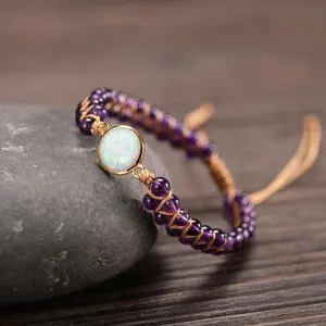 SN1862 Opal Stone Healing Amethyst Gemstone Handmade Friendship Boho Healing Crystal Leather Wrap Bracelet For Women