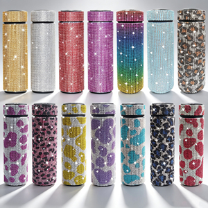 Bling Rhinestone Insulated Tumbler 500ml Smart Temperature Display Or Normal Lid Stainless <b>Steel</b> Thermal Water <b>Bottle</b> - Product Image 1