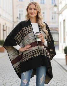 <span class=keywords><strong>Poncho</strong></span> long ouvert sur le devant pour femme, motif <span class=keywords><strong>pied</strong></span>-<span class=keywords><strong>de</strong></span>-<span class=keywords><strong>poule</strong></span> patchwork, châle réversible géométrique, cape enveloppante douce en fausse cachemire, couleur automne/hiver - Product Image 2