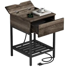 Тумбочка с зарядной станцией и USB-портами, столик в деревенском стиле с выдвижным ящиком и металлической полкой, прикроватная тумбочка