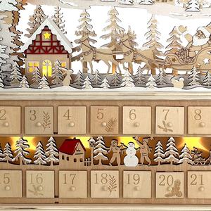 ปฏิทินนับถอยหลังวันคริสต์มาสแบบไม้ LED ขนาดใหญ่ หรูหรา เป็นมิตรกับสิ่งแวดล้อม ทนทาน ตกแต่งด้วยเลเซอร์คัท รูปบ้านหมู่บ้านฤดูหนาว 24 วัน - Product Image 5