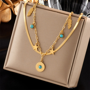 European American Retro Layered Double Chain <b>Blue</b> Turquoise Pendant Star <b>Feather</b> Necklace Gold Zinc Alloy Geometric Design - Product Image 1