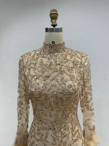 MB239002 Robe de soirée à paillettes perlées, plumes accentuées, manches longues, col haut, dubaï, musulmane, arabe, pour femmes, bal de promo - Product Image 3
