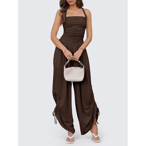 Mono casual personalizado para mujer, de verano, sin mangas, con cuello halter, fruncido, de pierna ancha, largo, elegante, de color liso. - Product Image 5