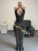 Robe de soirée noire sans manches Ocstrade 2025 pour femmes, avec chaîne en strass, sexy, dos nu, pour soirée dans un club, robe de bal scintillante en cristal