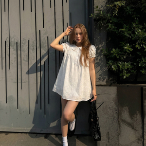 Robe Babydoll en Dentelle Couleur Unie à Taille Naturelle pour Fille, Tissu Texturé, Col Rabattu, Coupe Évasée, Mini, Manches Courtes, Respirante - Product Image 6