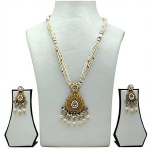 Traditional 22K Gold White <b>Beaded</b> Necklace <b>Set</b> with Antique Teardrop Pendant and Matching Pearl Dangle Earrings - Product Image 1