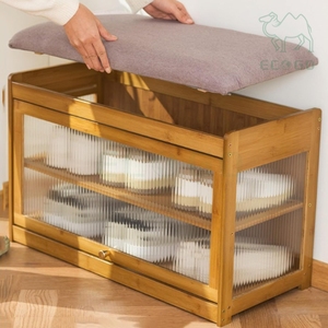 Home Furniture Display Rack Storage Cabinet Organizer Seat Cushion Double-Layer Bamboo Wood Shoe Rack with Windows - Product Image 2