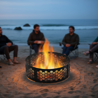 Brasero extérieur moderne noir en acier robuste pour bois, avec écran de protection portable en maille alvéolée pour foyer de camping