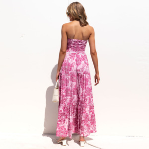 Oem Bohemian Ladies Long Strapless Print Ruffle Smocking <strong>Elastic</strong> Tube <strong>Top</strong> Bloom Printed Tie up Waist Casual Holiday Maxi <strong>Dress</strong> - Product Image 3