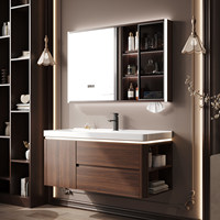 Meuble de salle de bain couleur noyer avec lavabo intégré en céramique, grand lavabo marin et table de lavabo