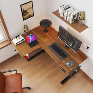 שולחן עבודה עומד מודולרי מעץ ומתכת, שולחן הרמה חשמלי מתכוונן לגובה, שולחן ארגונומי בצורת L בעל 2 שלבים - Product Image 5