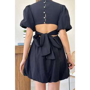 Robe trapèze noire à nouer dans le dos, taille naturelle, col rond, respirante, tissée, pour usage quotidien décontracté - Product Image 2