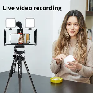 Hot Bán Vlogger Video Maker Với Sống Microphone Tripod LED Ảnh Tự Sướng Điền Ánh Sáng Điện Thoại Di Động Chủ