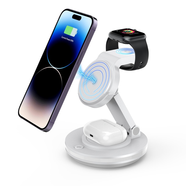 Portable 15W 3 in 1 Folding Charging Station With Night Light Fast Charging Magnetic Rotatable Wireless Charger for Iphone 15Pro