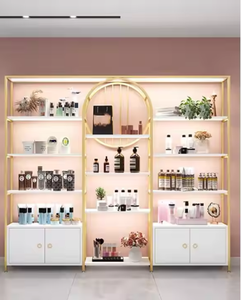 Precio al por mayor Salón de belleza tienda <span class=keywords><strong>Barber</strong></span>ía Gabinete de almacenamiento Estante de exhibición Estante de piso de hierro de madera con LED - Product Image 3