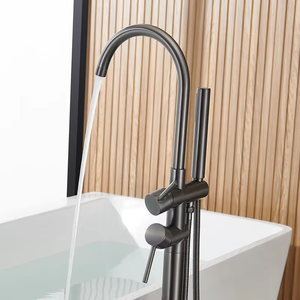 Grifo de Bañera y <span class=keywords><strong>Ducha</strong></span> Independiente de Latón Plateado Gris, Montado en el Suelo, Moderno, con Efecto Lluvia, Juego de Baño de Cerámica para Apartamento u Hotel - Product Image 3