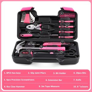Ensemble d'outils à main pour la maison, 40 pièces, rose, en acier au carbone, avec boîte de rangement en plastique, support OEM personnalisé - Product Image 5