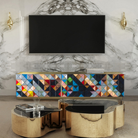 Meuble TV avant-gardiste en aluminium anodisé noir et finition or, avec étagère en verre bronze, pour salon