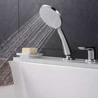 Robinet de baignoire romain à bec courbé en chrome poli avec douchette à main, 5 trous, triple levier fin, douchette ronde, robinet de baignoire à montage sur pont