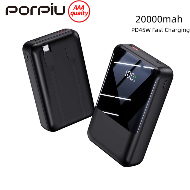 2025 New Bestseller Portable Power Bank Built-in Dual-wire Cable Large Capacity 20000mah LED Display Li-Polymer Battery Quick
