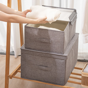 Cotton Linen Storage <b>Box</b> Rectangle With Lid Foldable Fabric Organizer For Wardrobe Closet Organizing And <b>Moving</b> Solid Color - Product Image 3