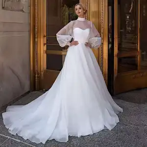 Manufacturer made Simple Turtle neck Balloon Sleeve Mesh Wedding Dress Elegant Tulle Neck Modest Wedding Dress